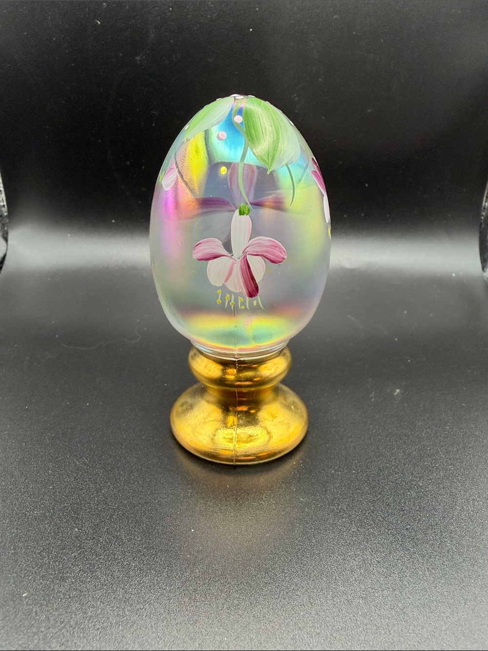 Fenton Iridescent Glass Egg with Pink Floral and Green Leaves